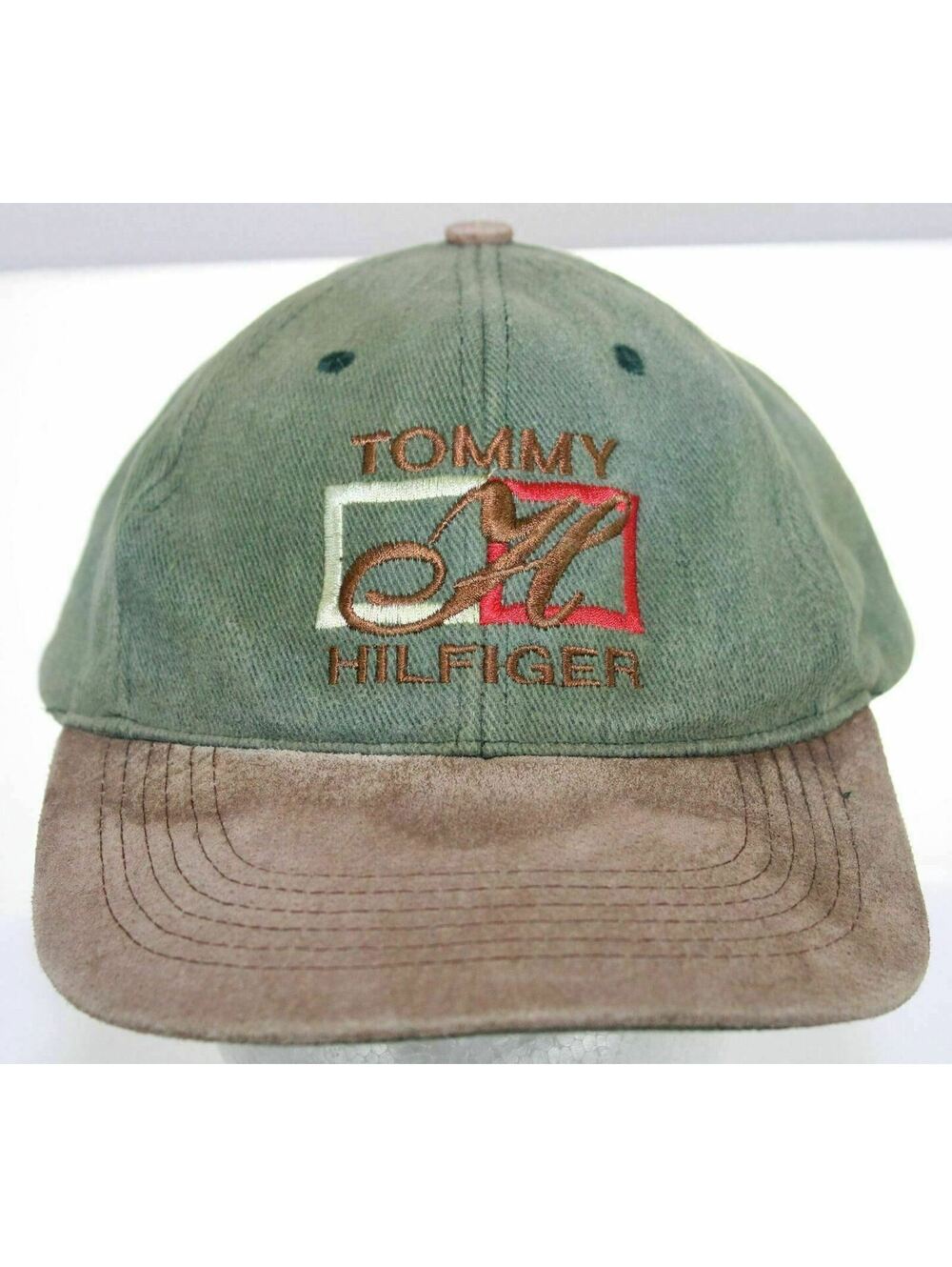 Vintage 1980s Tommy Hilfiger Snapback Cap Suede Bill Flag Crest Logo Green Brown